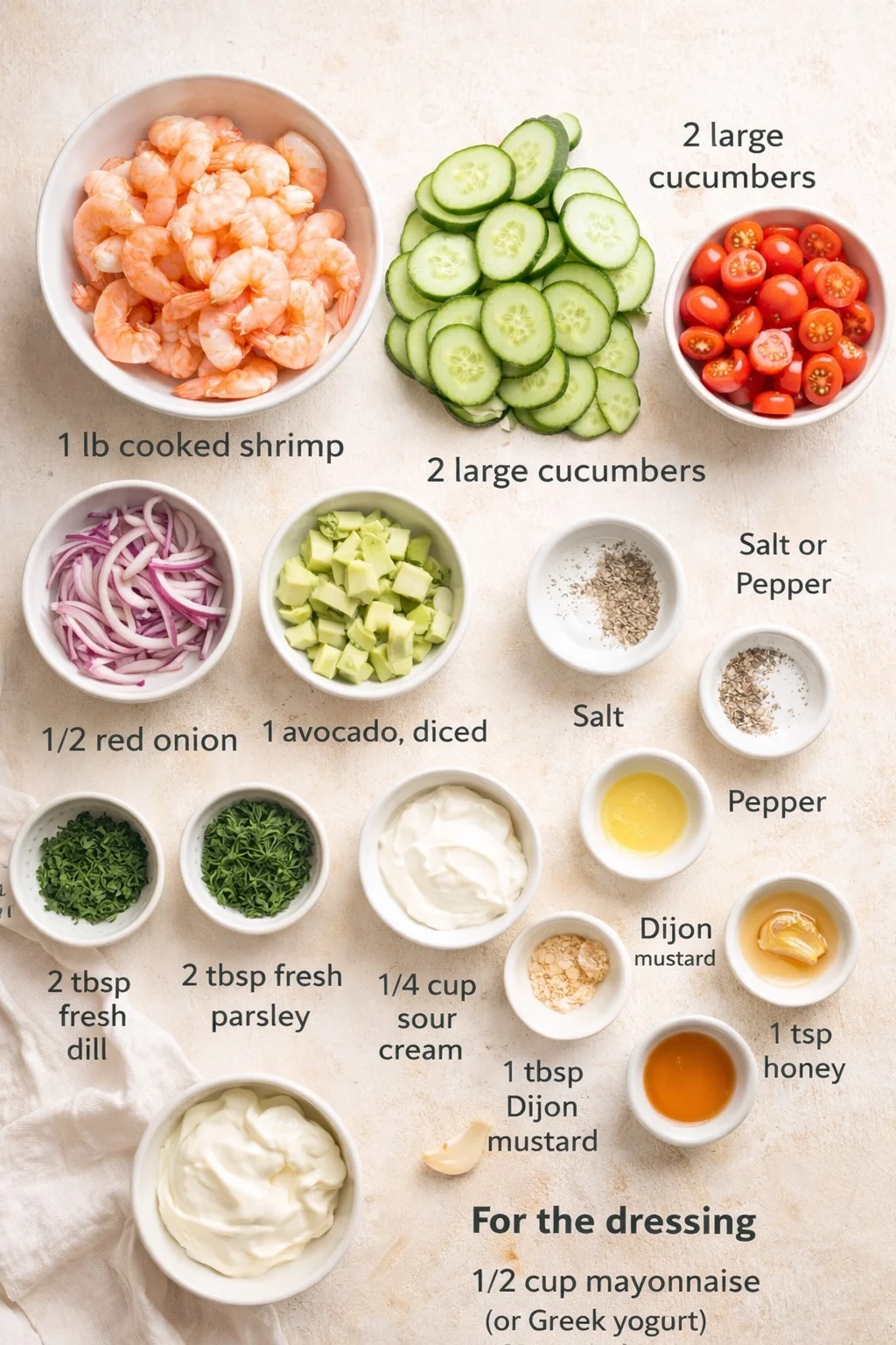 Top-down collage of labeled ingredients for a shrimp avocado cucumber salad, including shrimp, cucumbers, onions, avocado, tomatoes, herbs, and dressings.