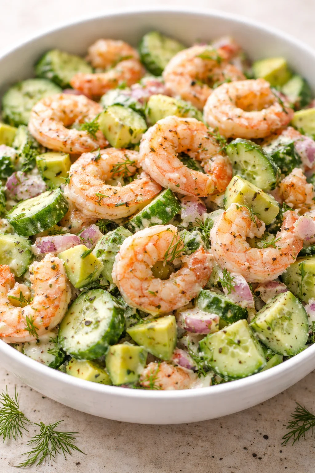 bowl of shrimp, avocado, and cucumber salad in creamy dressing with dill garnish