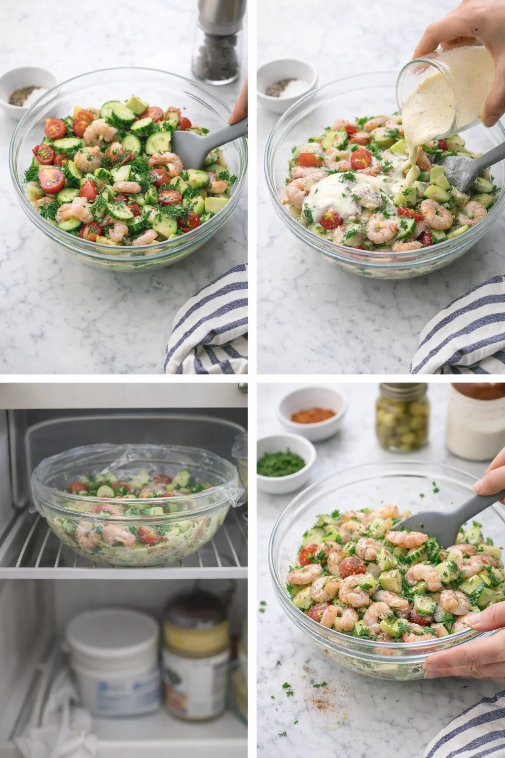 Glass bowl of shrimp salad with avocado, cucumber, tomatoes, and dill on marble counter.