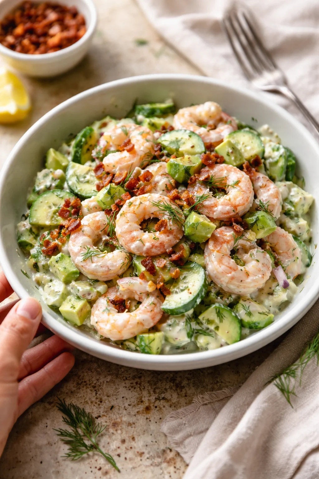 bowl of creamy shrimp avocado salad with cucumber, dill, and bacon bits
