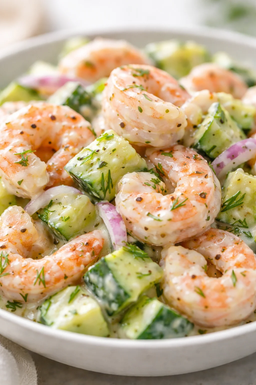 Creamy shrimp and cucumber avocado salad in a white bowl, garnished with dill.