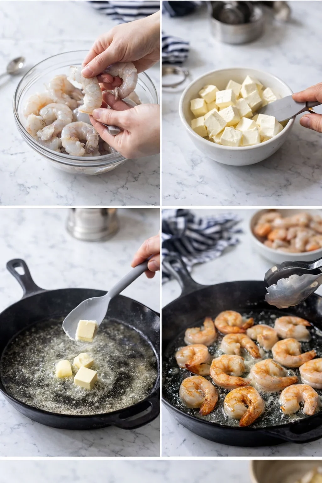 Four-panel collage showing shrimp prep, butter cubes, melted butter, and frying shrimp in a skillet.