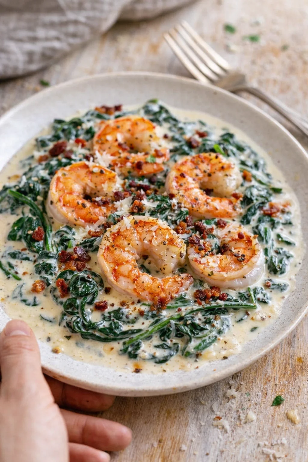 Creamy shrimp and spinach dish on a beige plate with crispy bacon bits
