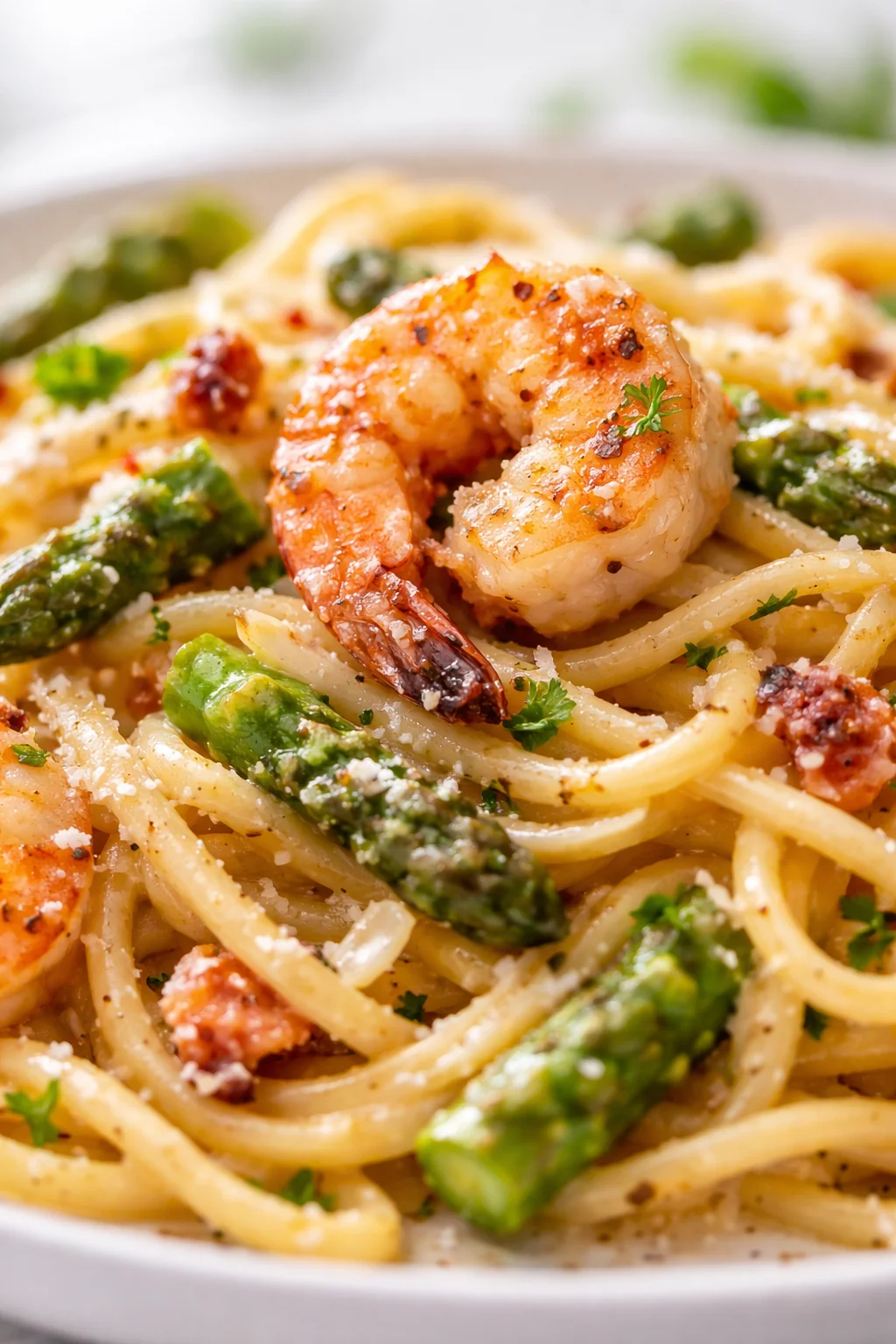 Close-up of shrimp and al dente linguine with asparagus, parmesan, and parsley on a white plate.