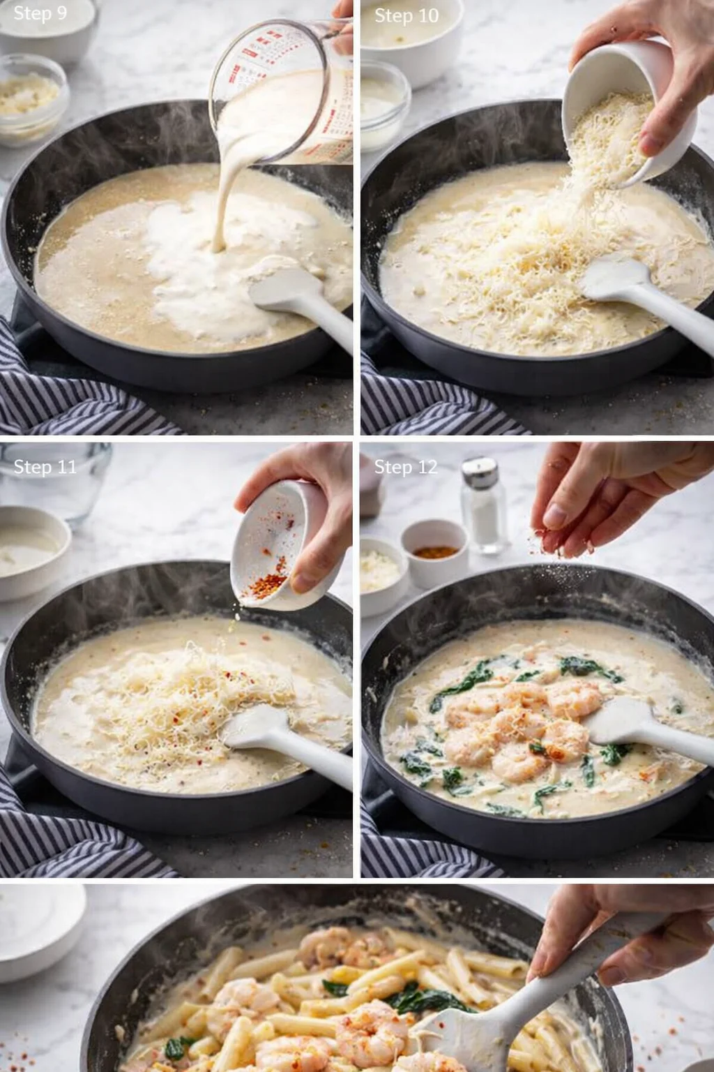 Step-by-step collage showing creamy shrimp Alfredo being prepared in a skillet.