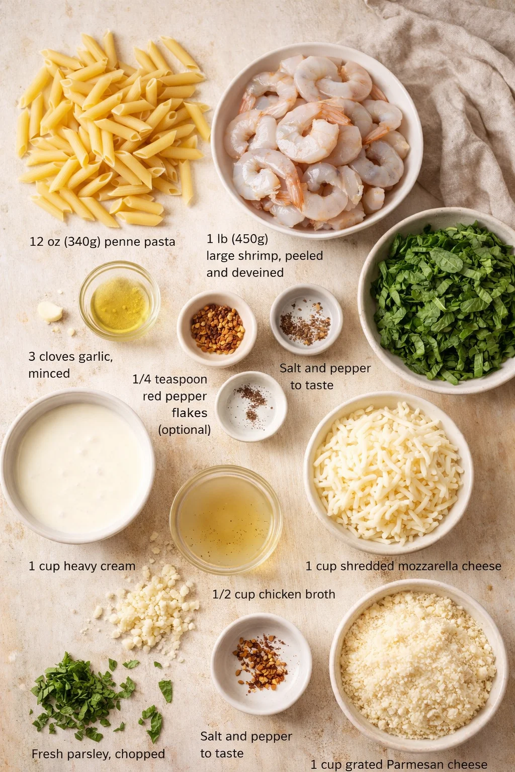 Overhead view of shrimp pasta ingredients arranged on a light surface.