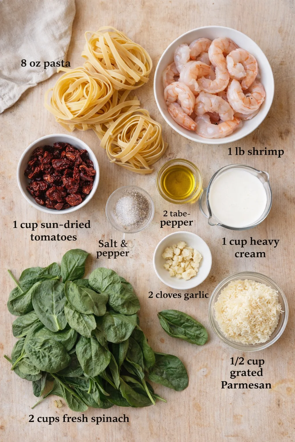 overhead view of shrimp-pasta ingredients arranged on a wooden board: pasta, shrimp, spinach, sun-dried tomatoes, cream.