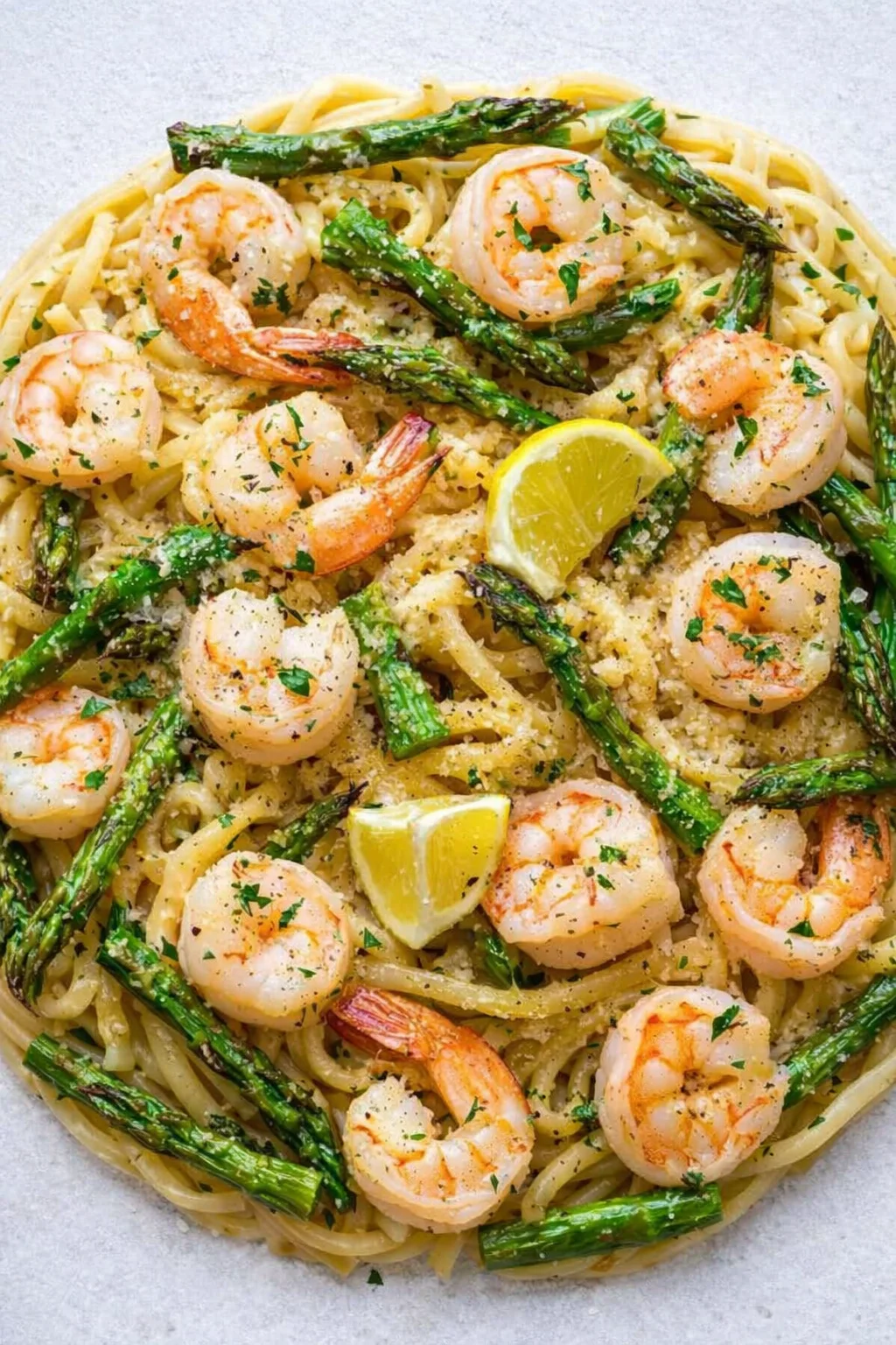 plated shrimp pasta with asparagus and lemon wedges on a white plate