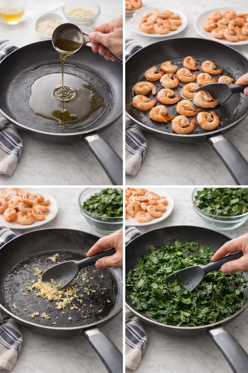 collage showing oil poured into a skillet, shrimp cooking, garlic, and chopped greens