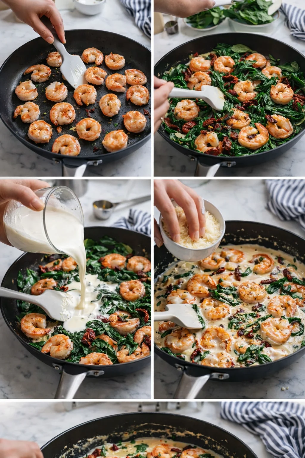 Collage shows shrimp sautéed with spinach in a creamy sauce and parmesan.