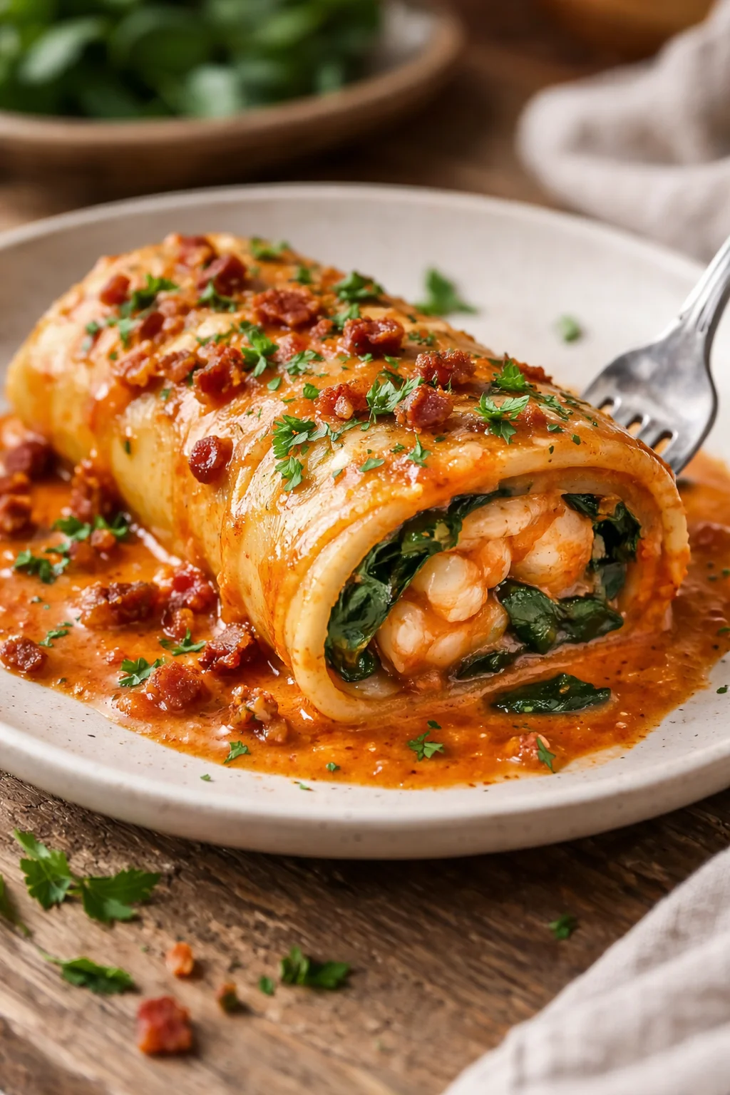 Pasta roll filled with shrimp and spinach, smothered in tomato sauce with bacon, garnished with parsley.