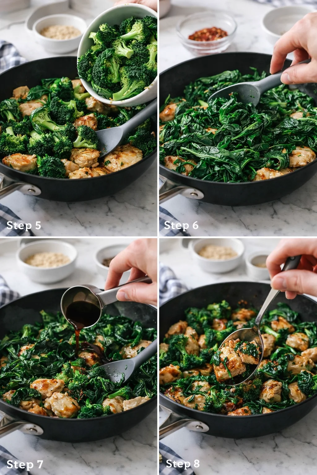 Four-panel collage showing steps 5–8 of a skillet chicken with broccoli and greens.