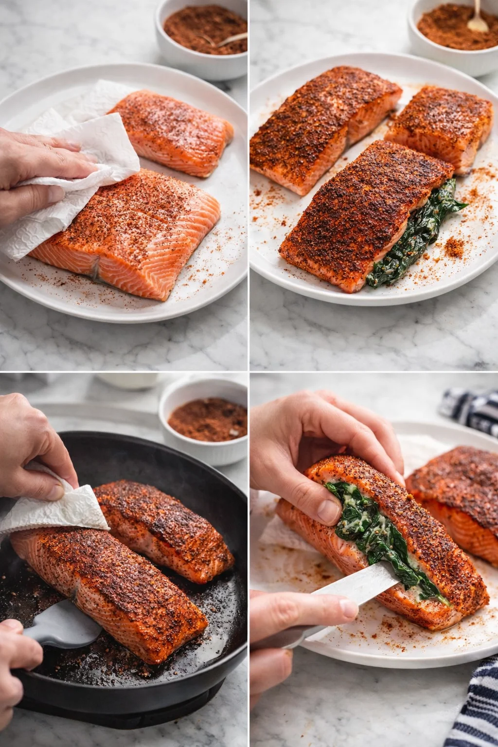 collage of salmon fillets: pat-drying, spice-crusting, pan-searing, and spinach filling.