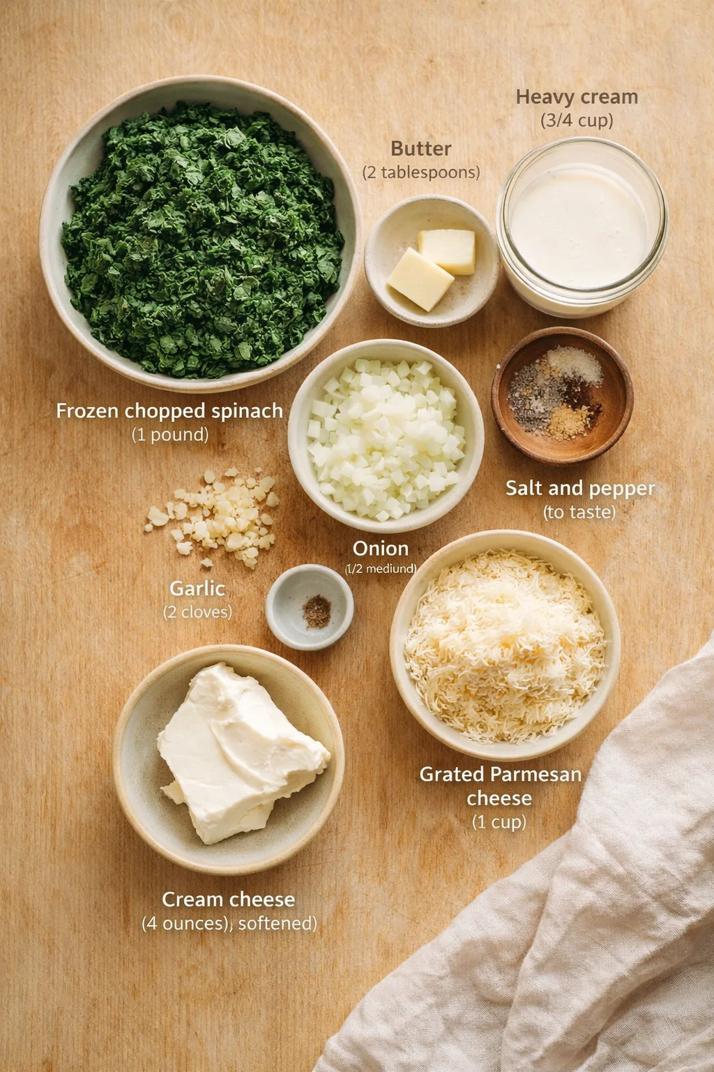Overhead shot of spinach and cheese ingredients arranged on a warm wooden surface.