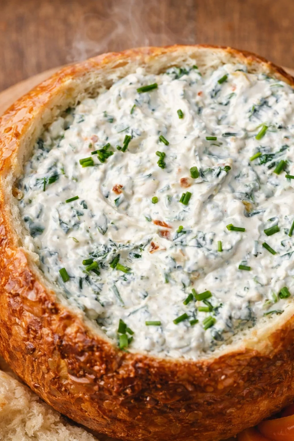 creamy spinach-artichoke dip in a crusty bread bowl, garnished with chives.