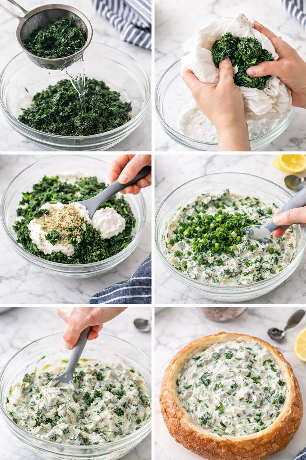 Collage of steps making spinach-artichoke dip, showing squeezed greens, creamy mixture, and bread-bowl serving.