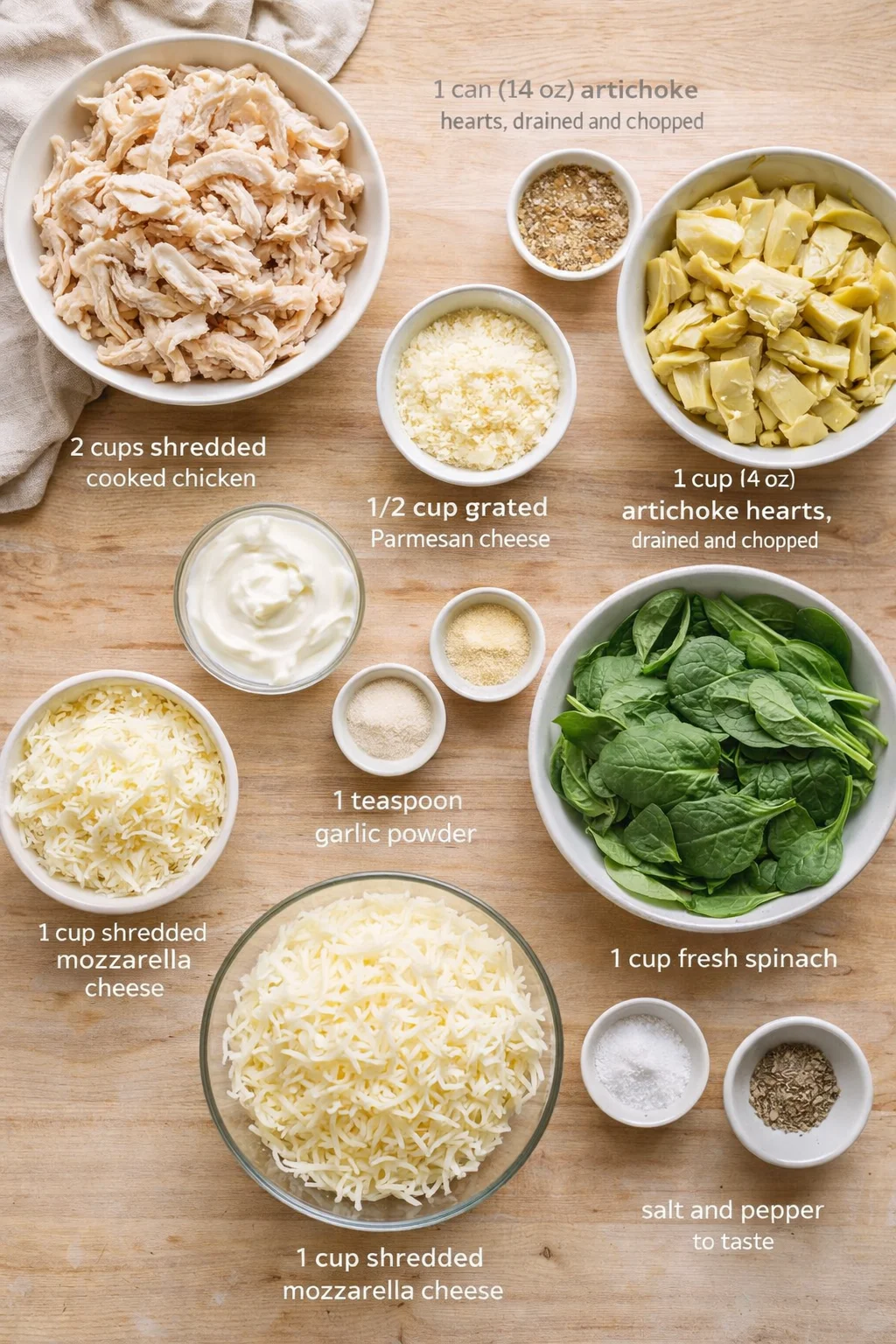 Top-down view of bowls with shredded chicken, artichoke hearts, spinach, and cheeses arranged on a wooden surface