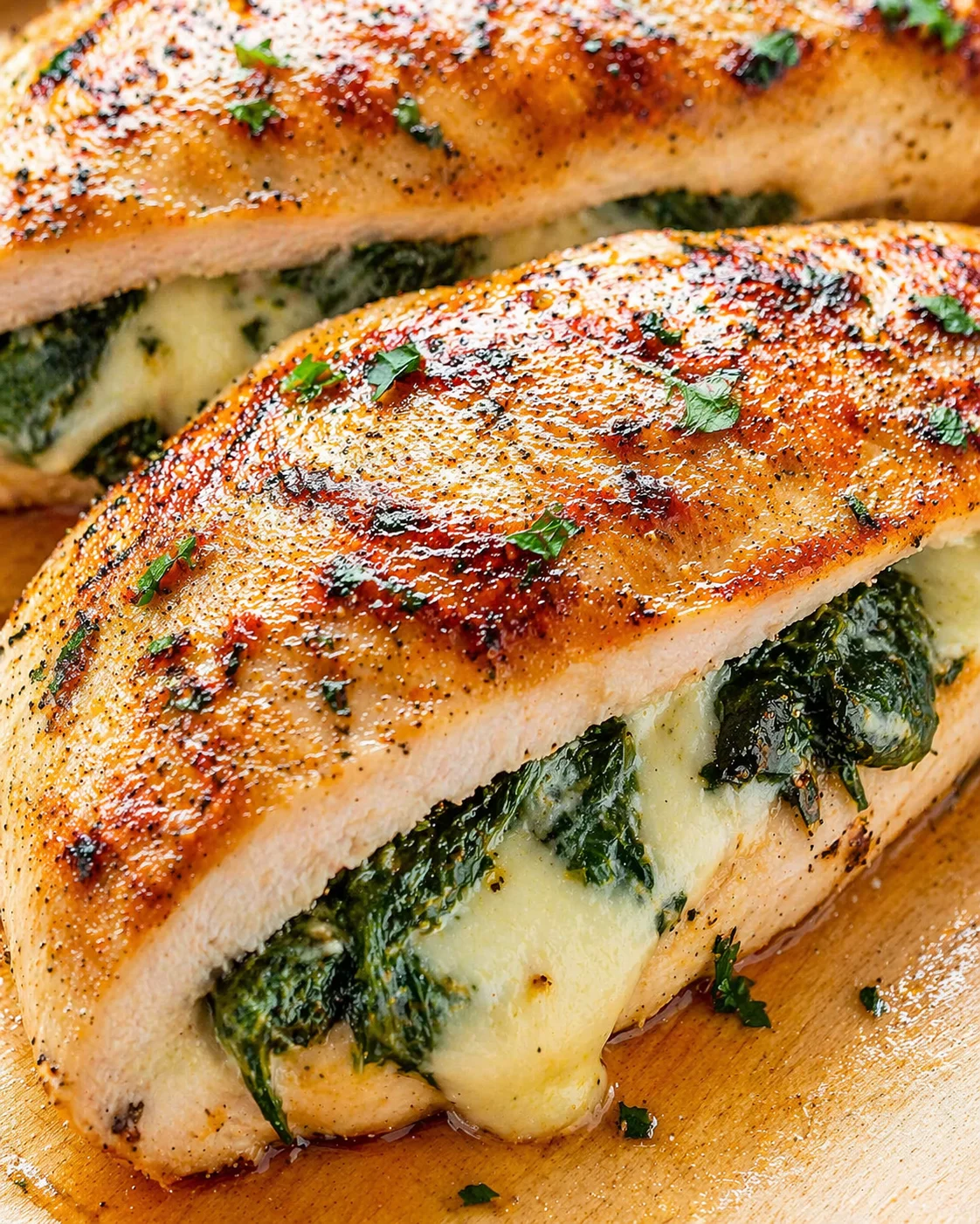 close-up of a golden-brown, herb-crusted stuffed bread with spinach and cheese filling