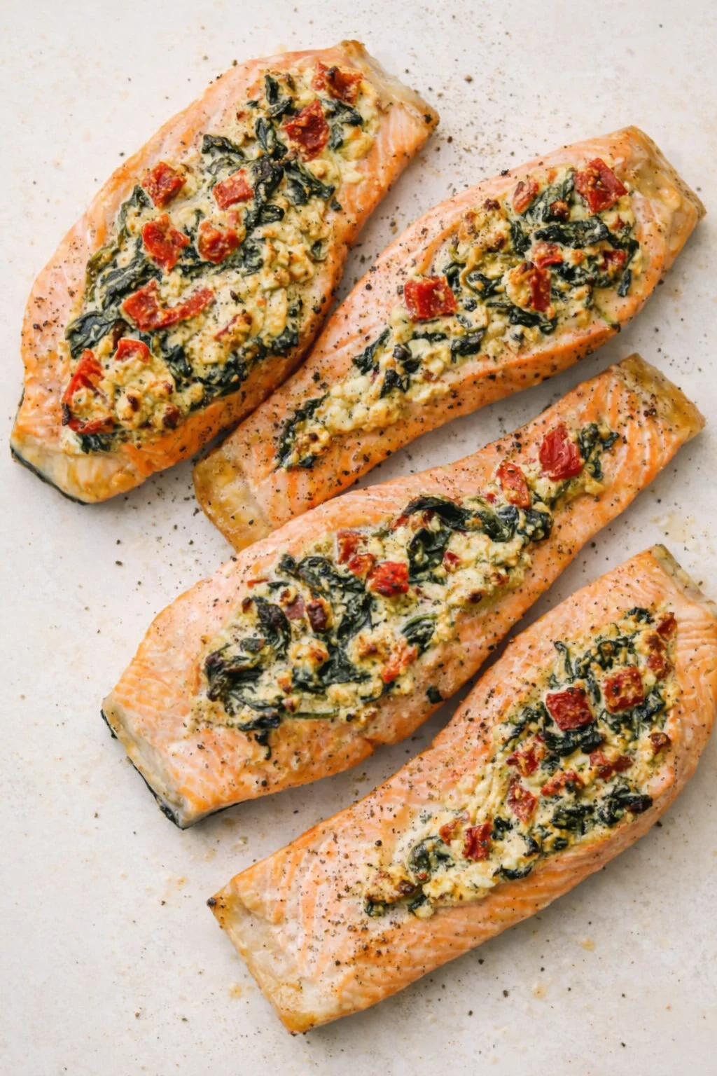 four salmon fillets with spinach and cheese filling on a light background