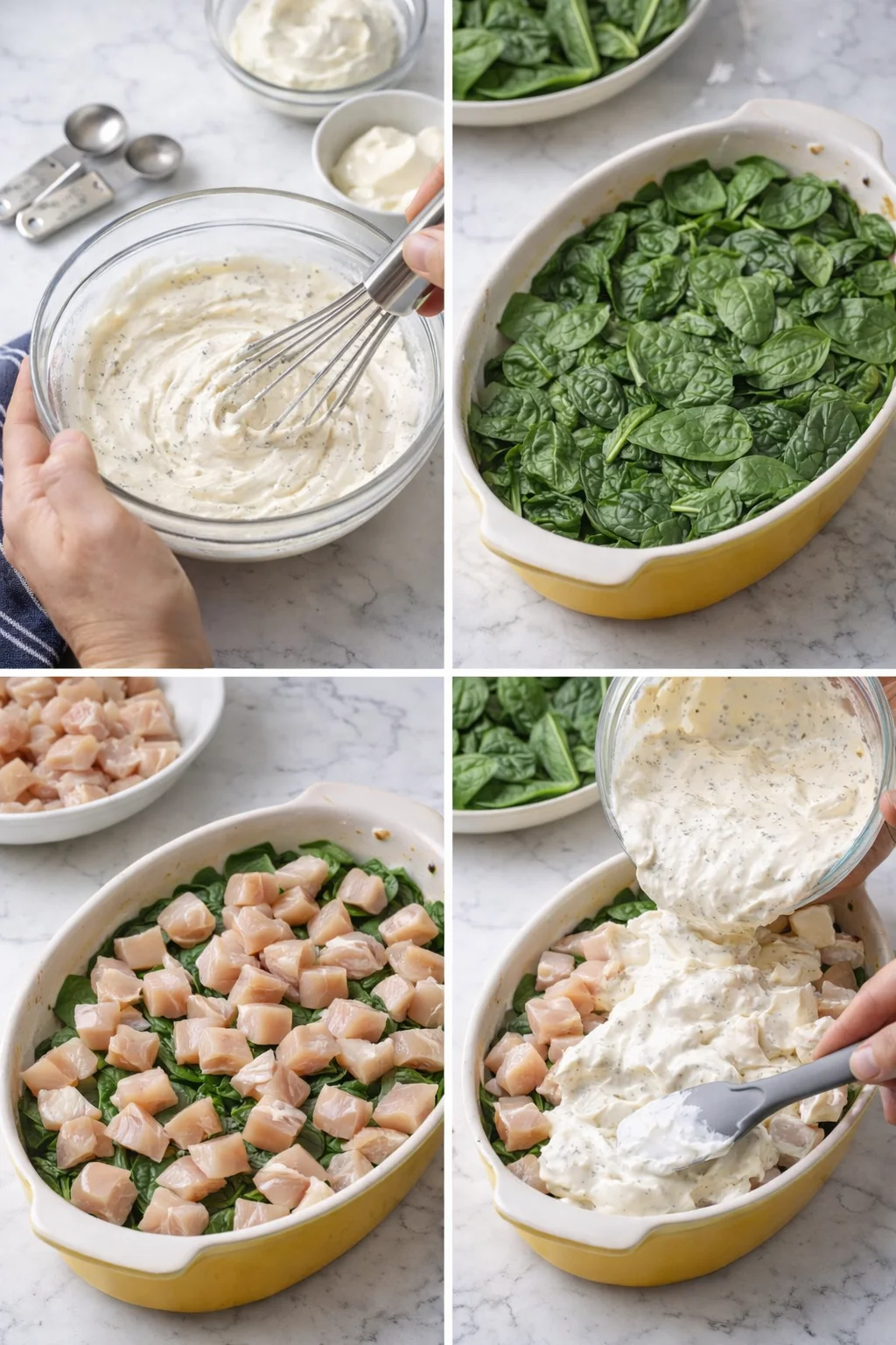 collage showing spinach and chicken bake steps: whisking sauce, green spinach, chicken cubes, pouring sauce into a yellow dish.