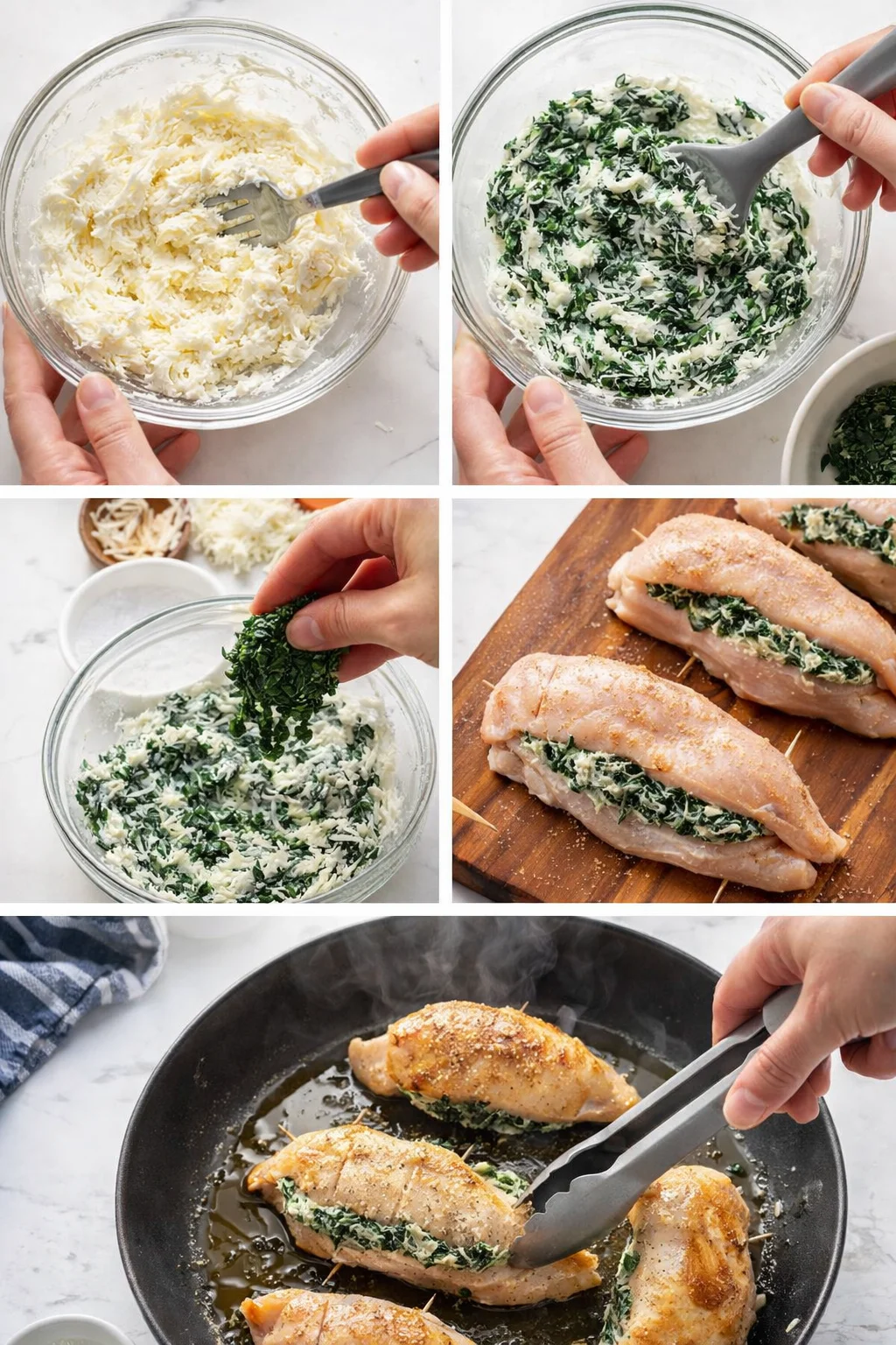 Step-by-step collage showing stuffing chicken with spinach and cream cheese, then searing in a skillet.