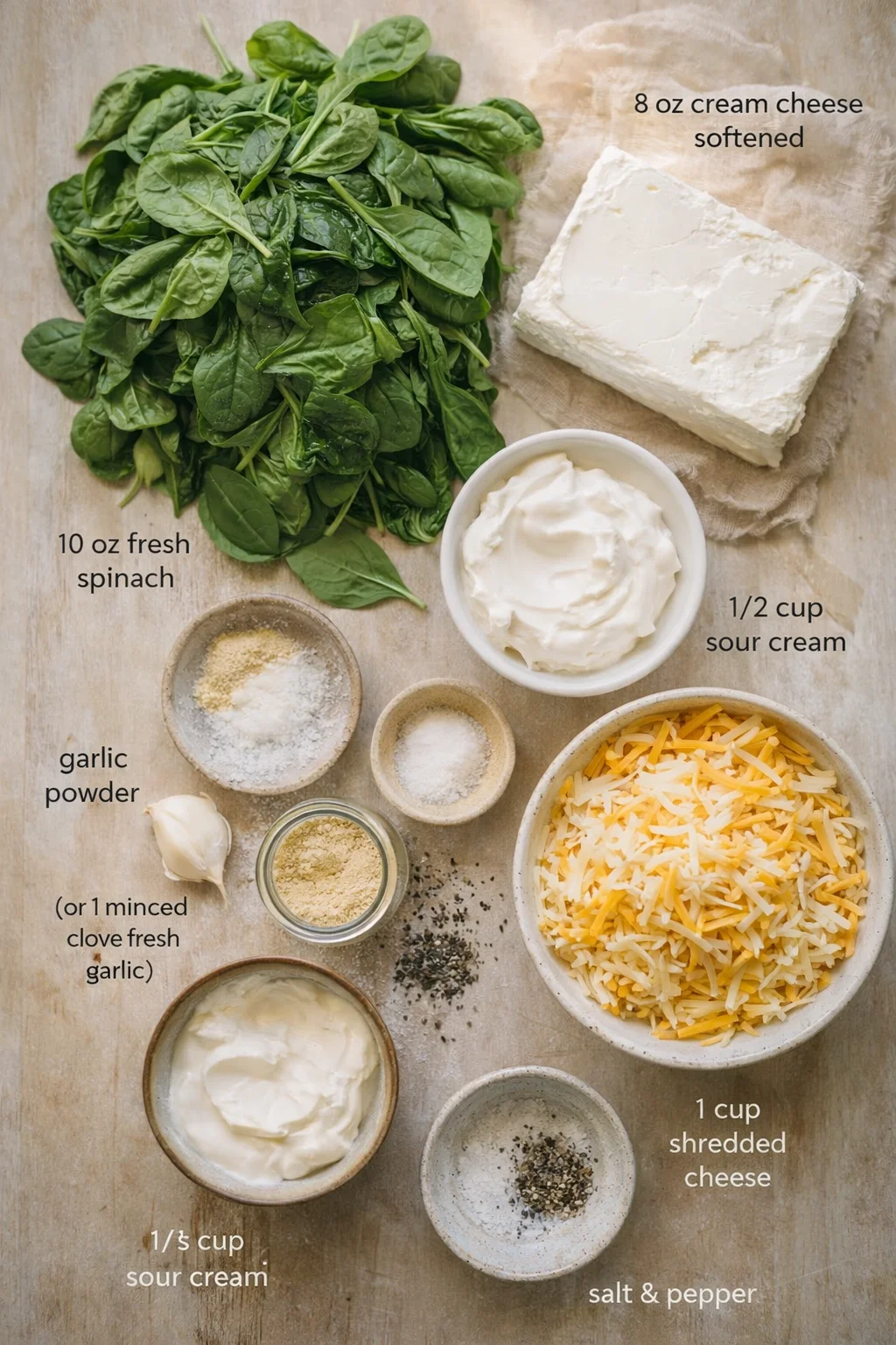 Top-down view of fresh spinach, cheeses, and seasonings arranged on a wooden board.