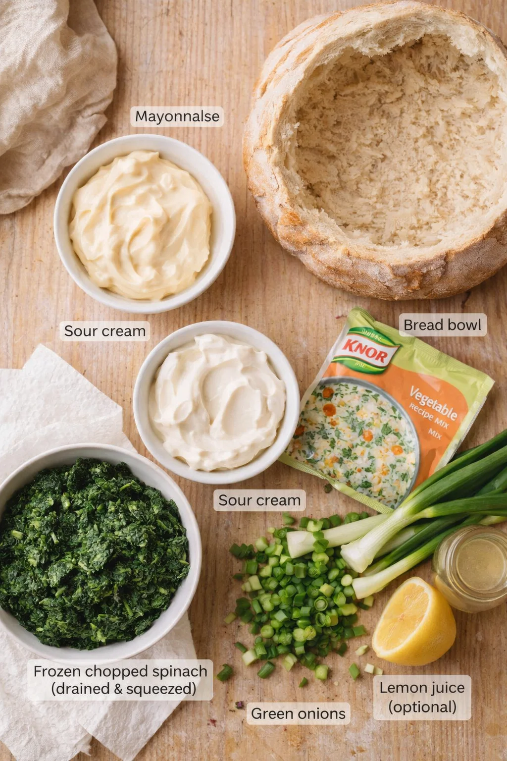 Top-down view of a wooden board with mayo, sour cream, spinach, and bread bowl for spinach dip