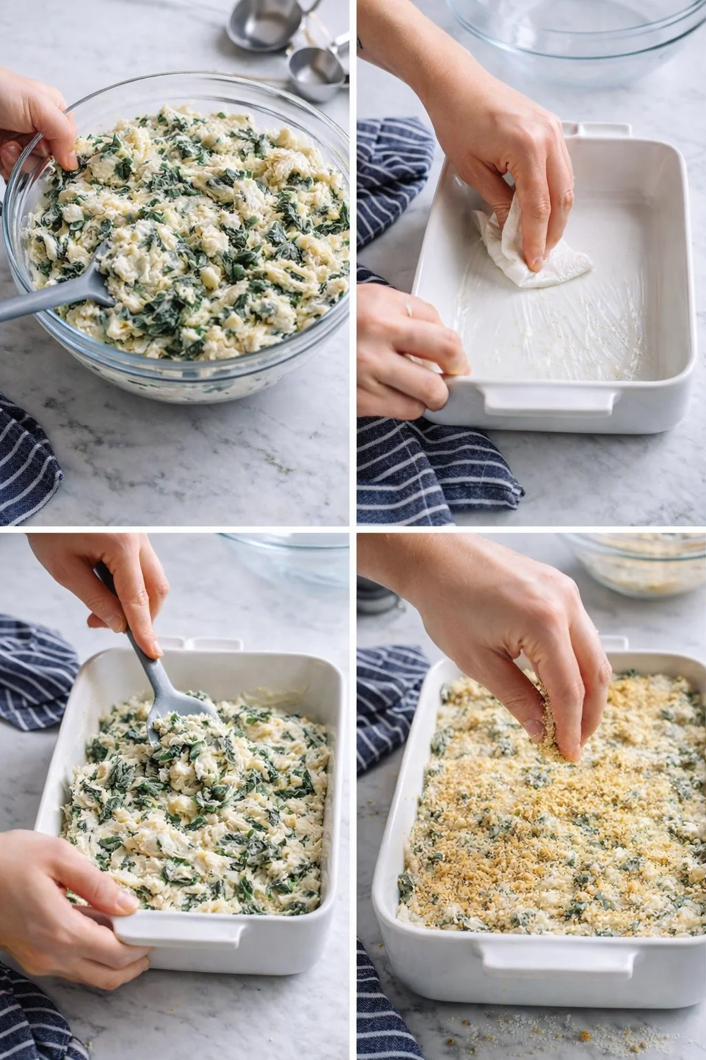 collage of prep steps: mixing spinach and ricotta, pan prep, topping with breadcrumbs.