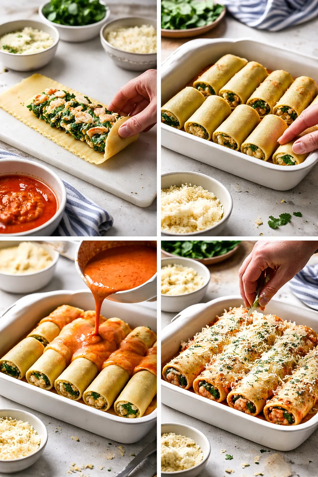 collage of hands rolling, filling, saucing, and baking spinach-ricotta stuffed pasta rolls on a light marble surface