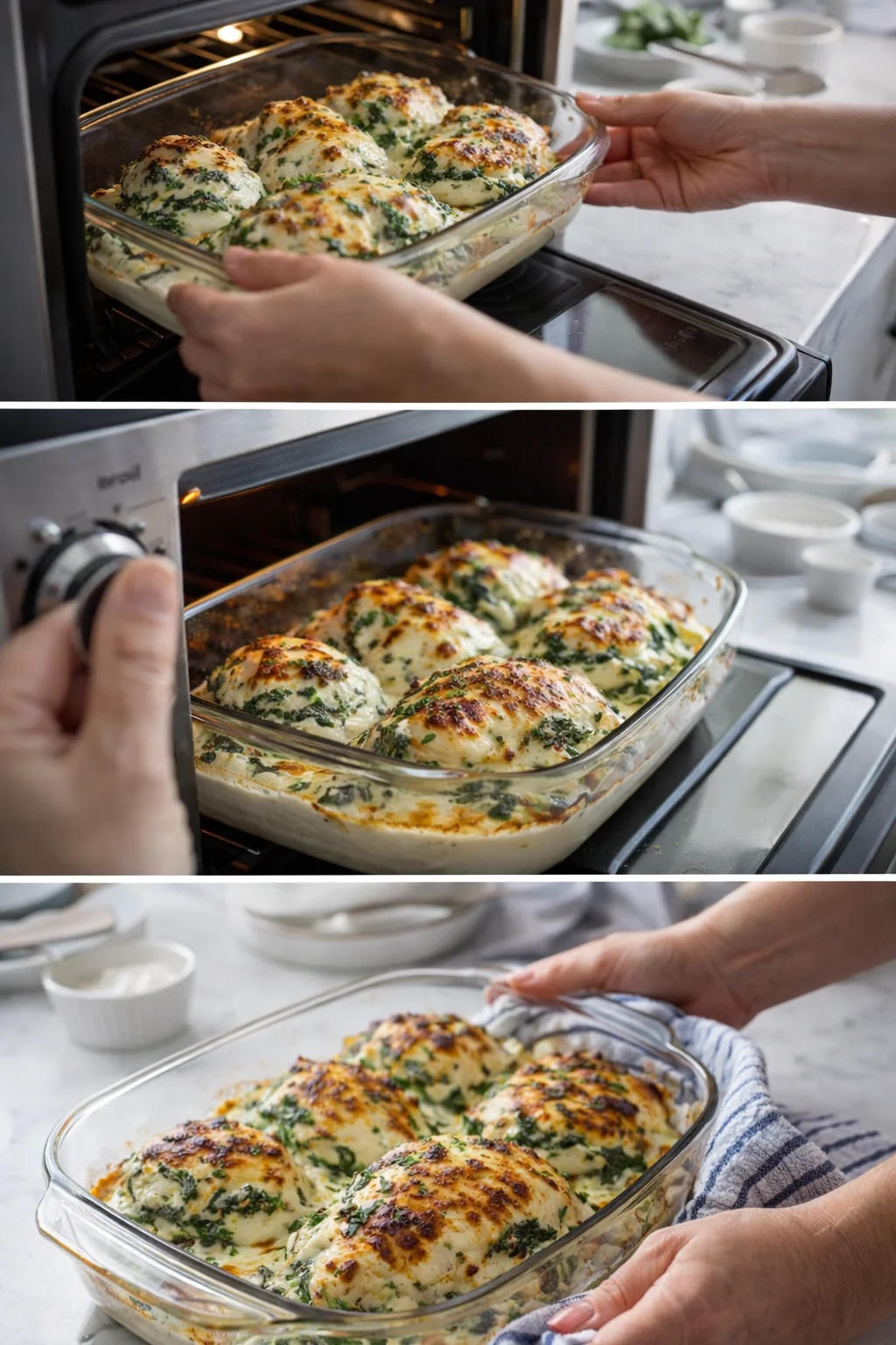 Creamy spinach-stuffed chicken breasts browning in a glass baking dish.