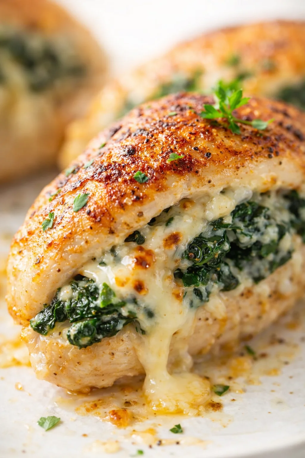 golden-brown stuffed chicken breast with spinach filling and melted cheese on plate