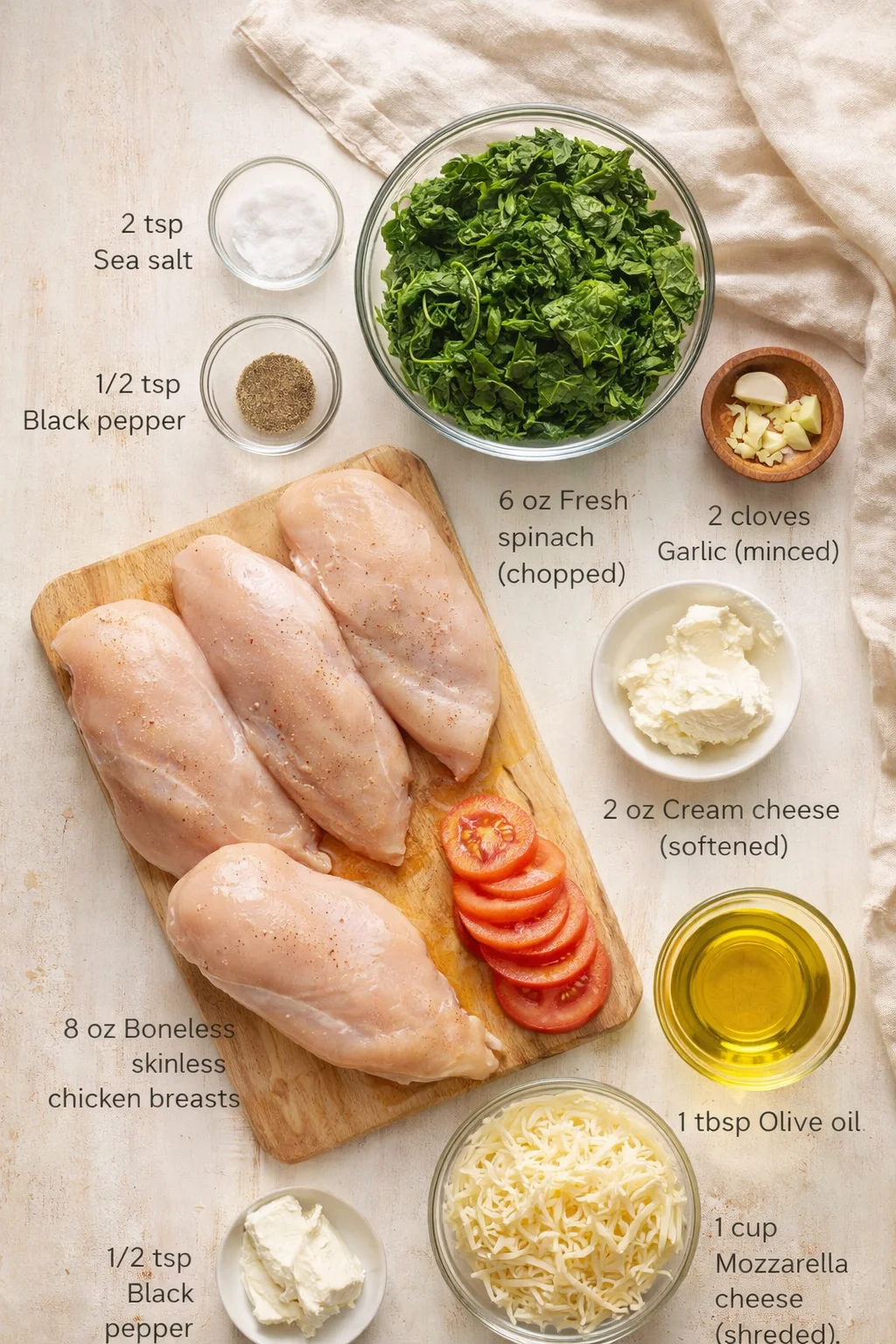 Overhead view of raw chicken breasts on a cutting board with chopped spinach, cheeses, garlic, and olive oil.