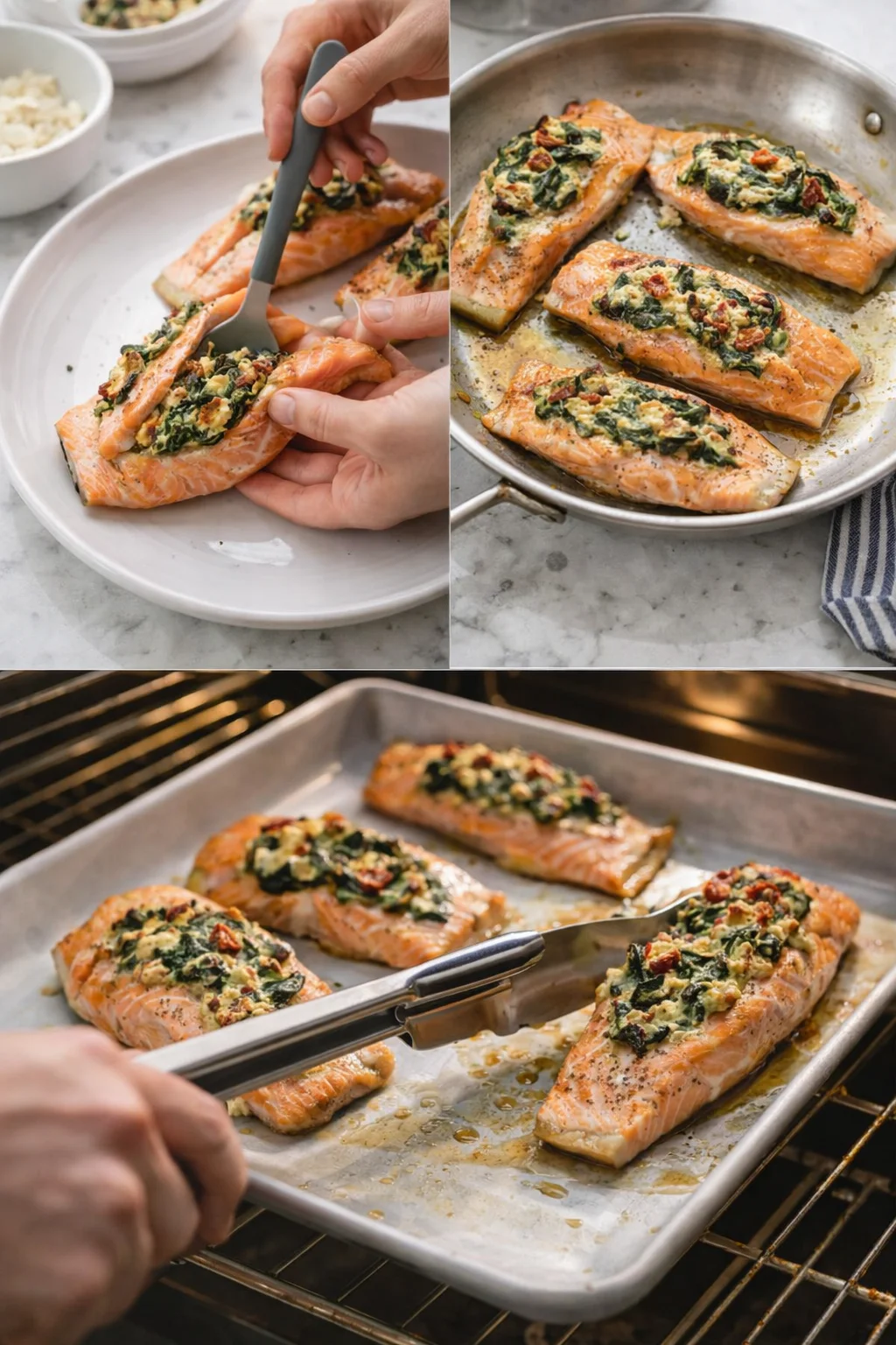 collage of salmon fillets with spinach-cheese filling, prepared for stuffing and baking