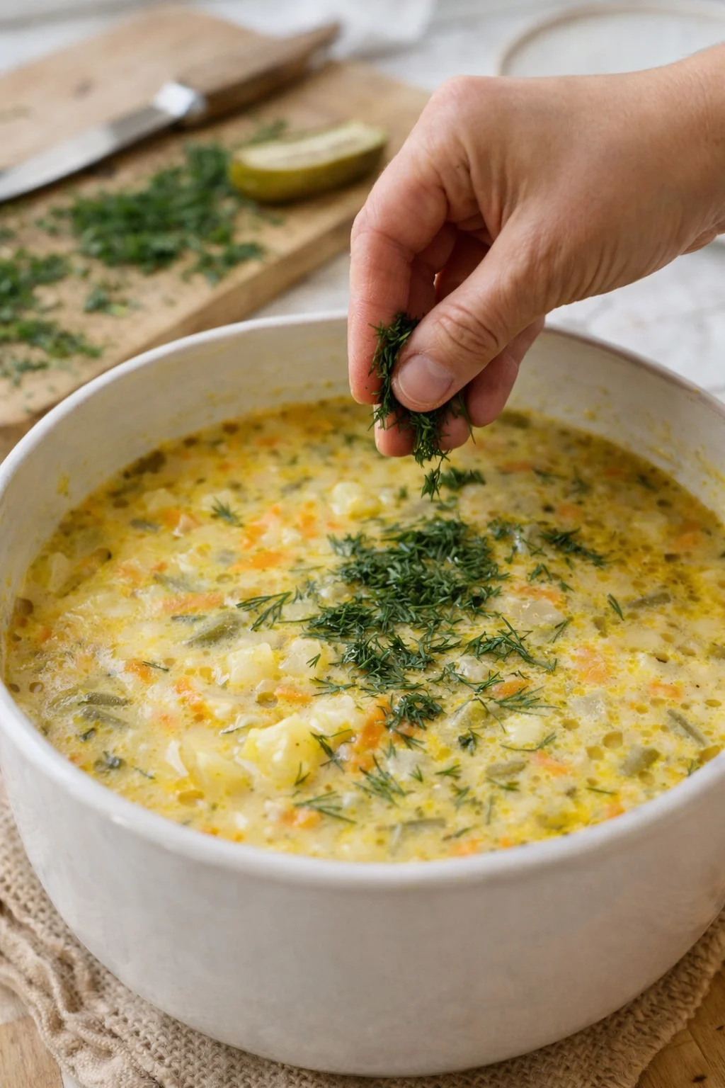 Hands sprinkle fresh dill over a creamy vegetable soup in a white pot.