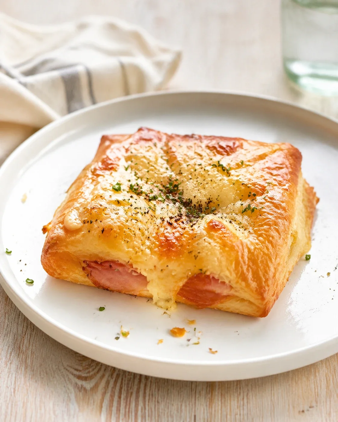 golden-brown puff pastry square with melted cheese and ham on white plate