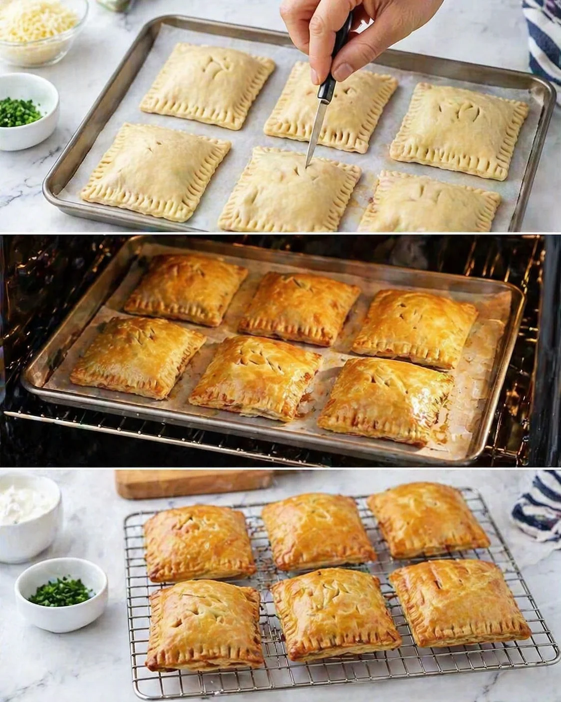 A three-panel collage of square pastries: unbaked, baked, and cooling on a rack.