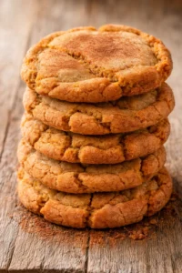 Stack of golden-brown peanut butter cookies on a rustic wooden surface with crumbs.