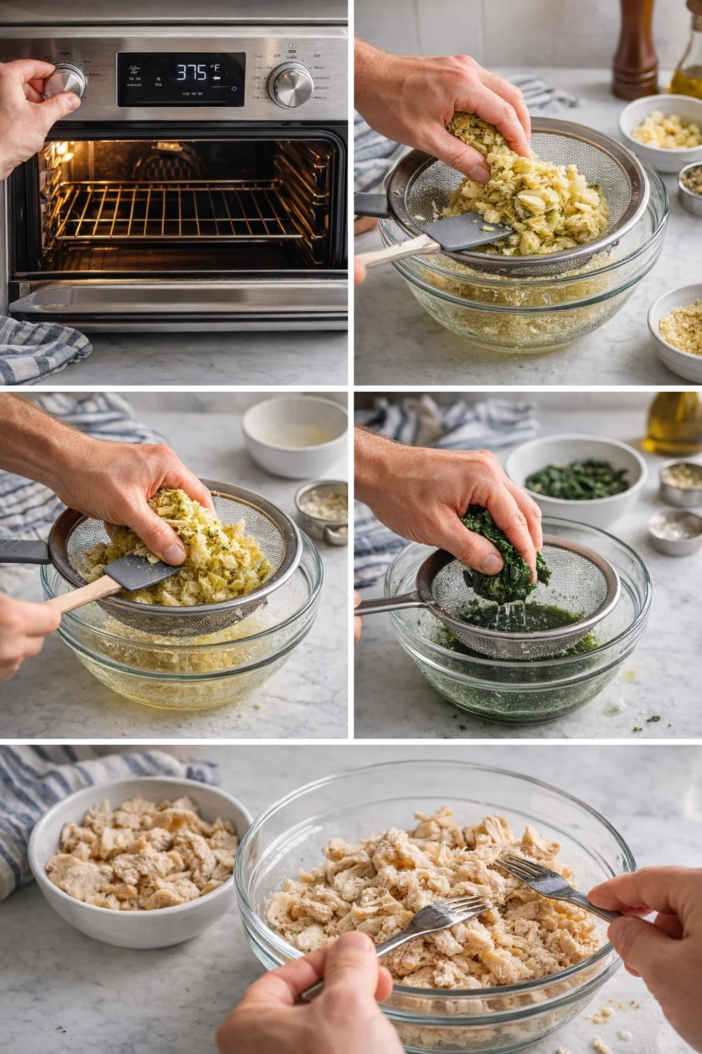 A five-panel kitchen sequence showing hands turning an oven dial, crushing nuts, straining herb paste, squeezing greens, and shredding chicken.