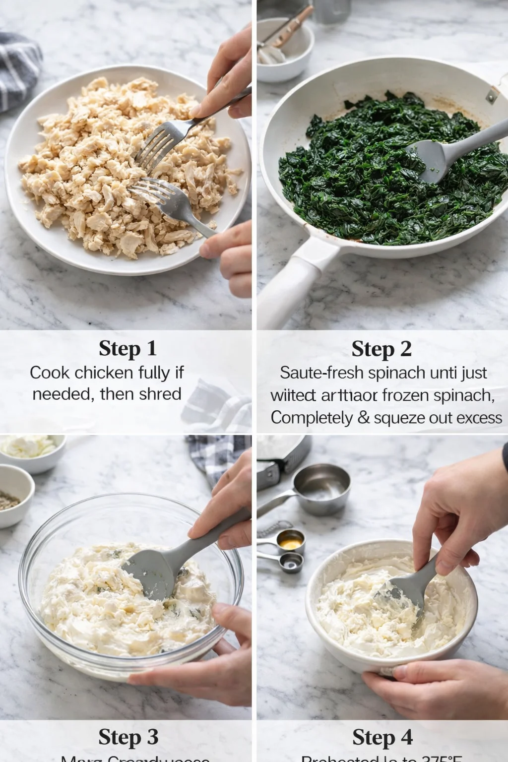 Four-panel collage showing shredded chicken, sautéed spinach, and mixing steps with Step captions on a marble countertop.