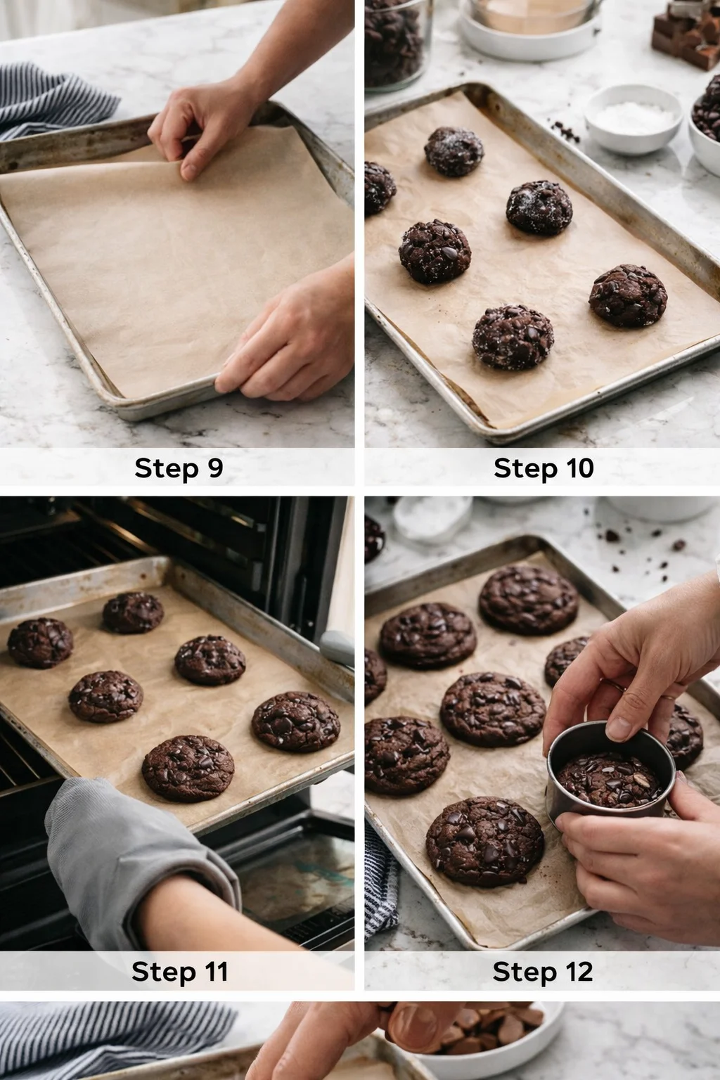 Four-panel collage showing steps for chocolate chip cookies: lined sheet, dough balls, oven, baked cookies.