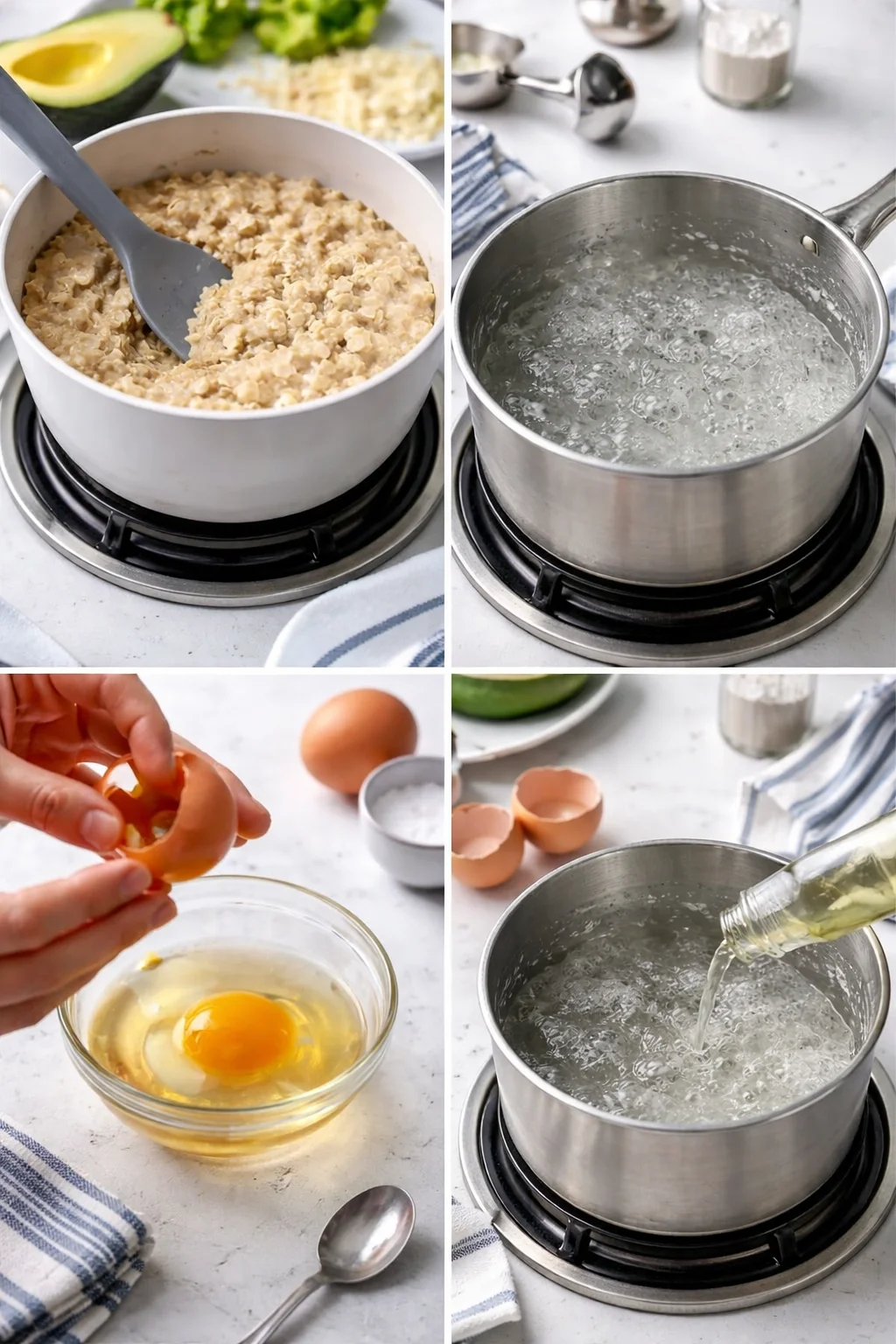 collage showing porridge in a pot, boiling water, cracking eggs, and pouring liquid into another pot.