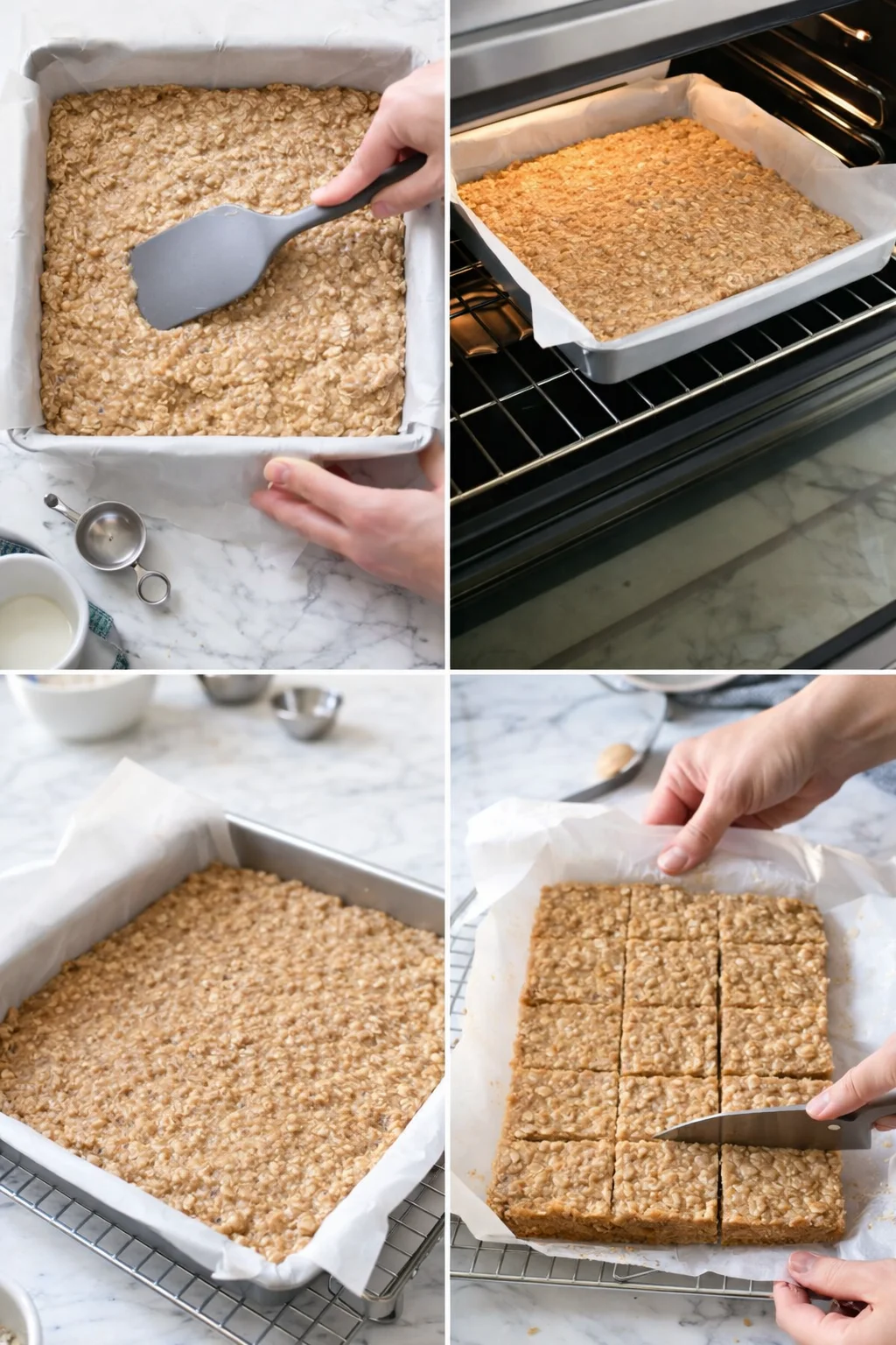 four-panel collage showing oat-bar batter pressed into pan, baked in oven, cooled on a rack, and cut into squares