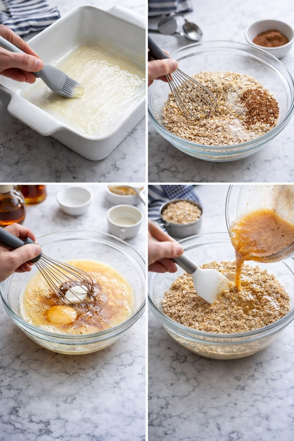 Four-panel collage shows batter prep with oats and eggs on a marble counter.