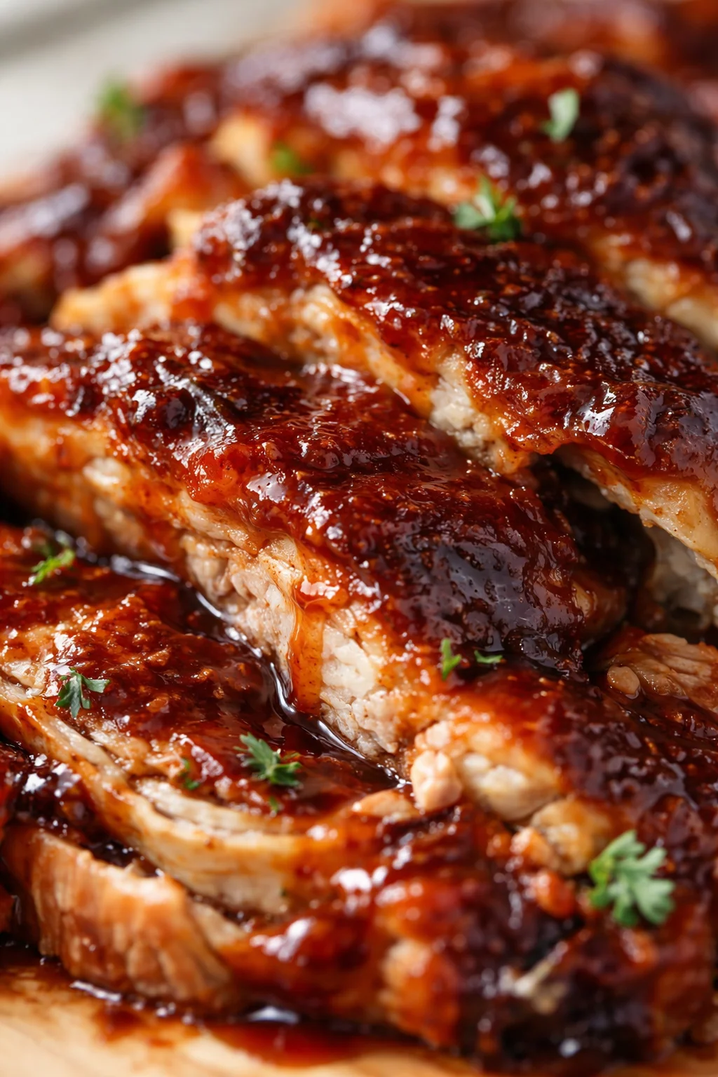 close-up of sliced pork with glossy barbecue glaze and parsley garnish