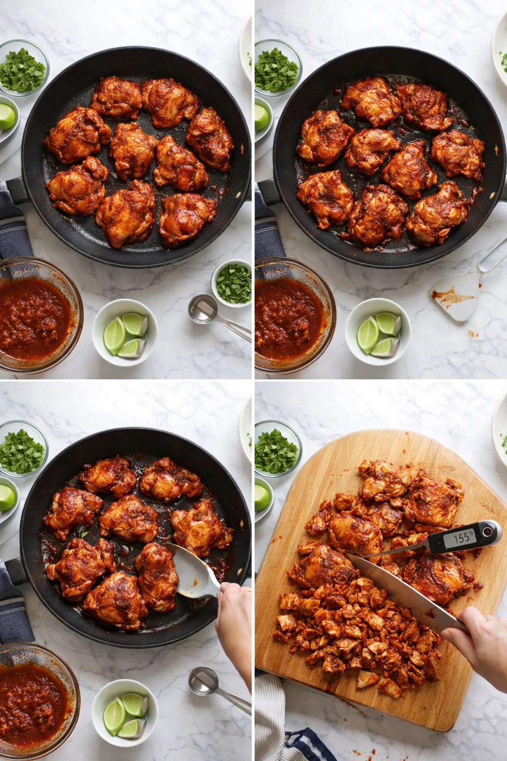Collage of skillet chicken in barbecue sauce, lime wedges, cilantro, and chopped chicken on a cutting board.