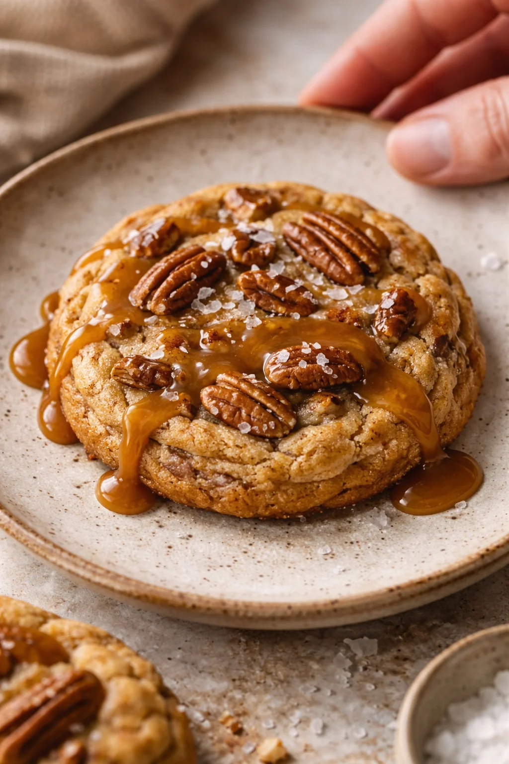 golden caramel-pecan cookie on a speckled beige plate, with drizzle, salt crystals, and a nearby hand