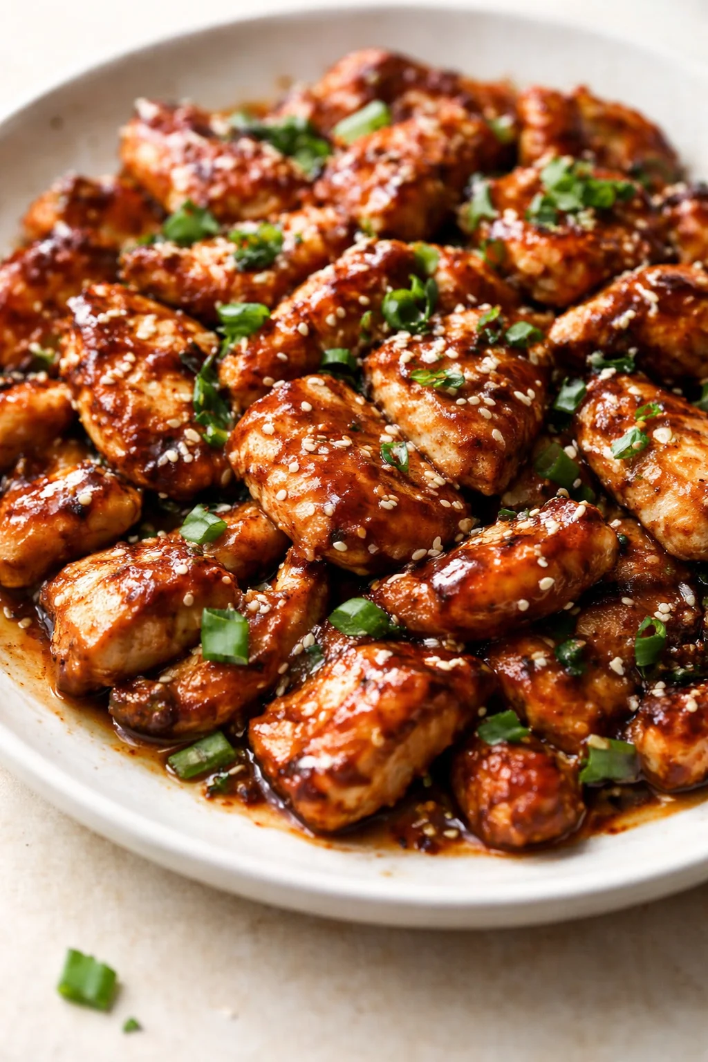 close-up of glossy glazed chicken bites garnished with sesame seeds and green onions
