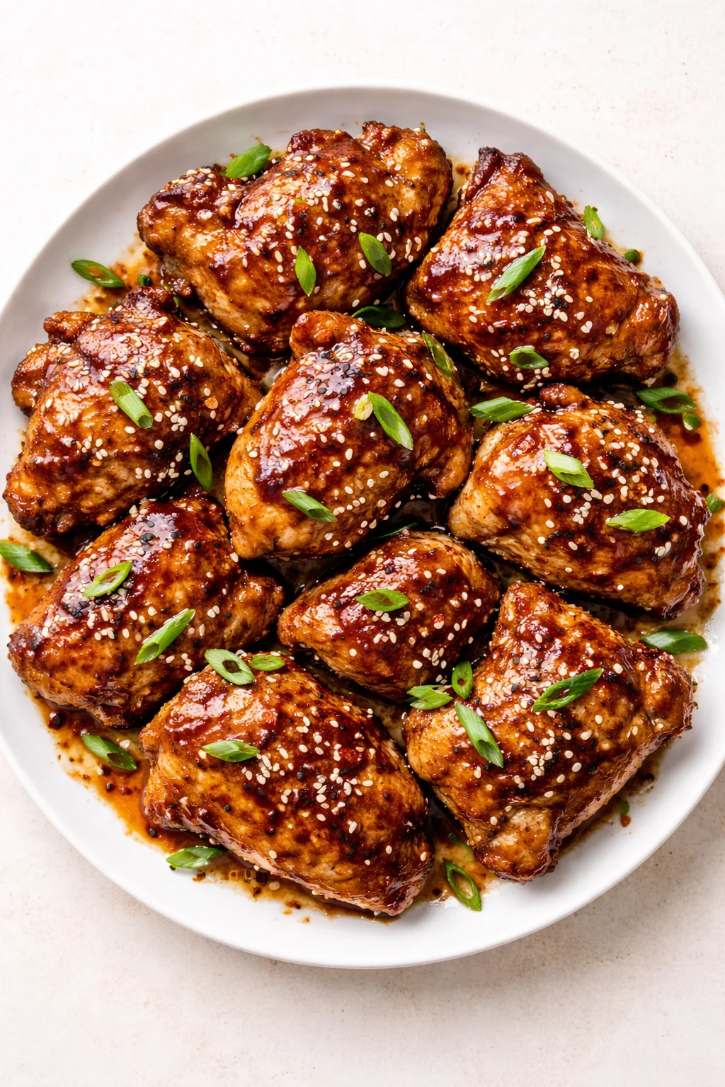 plate of glossy glazed chicken pieces sprinkled with sesame seeds and sliced scallions on a light background