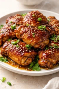 glossy glazed chicken thighs on a white plate, sesame seeds and cilantro