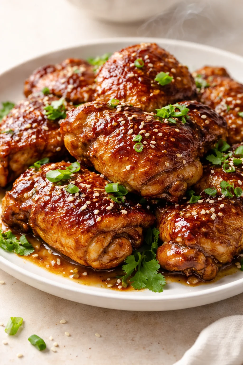 glossy glazed chicken thighs on a white plate, sesame seeds and cilantro